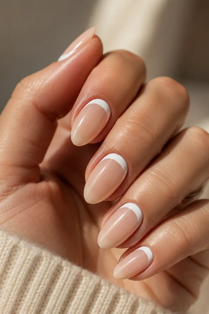Short nails with a white band near the cuticle, leaving the rest nude, and a small nude tip. The white band is crisp and slightly arched.