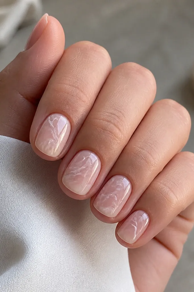 Short nails with a nude base and thin white marble swirls. The swirls look airy, with soft loops and a few thicker strokes, glossy top coat.