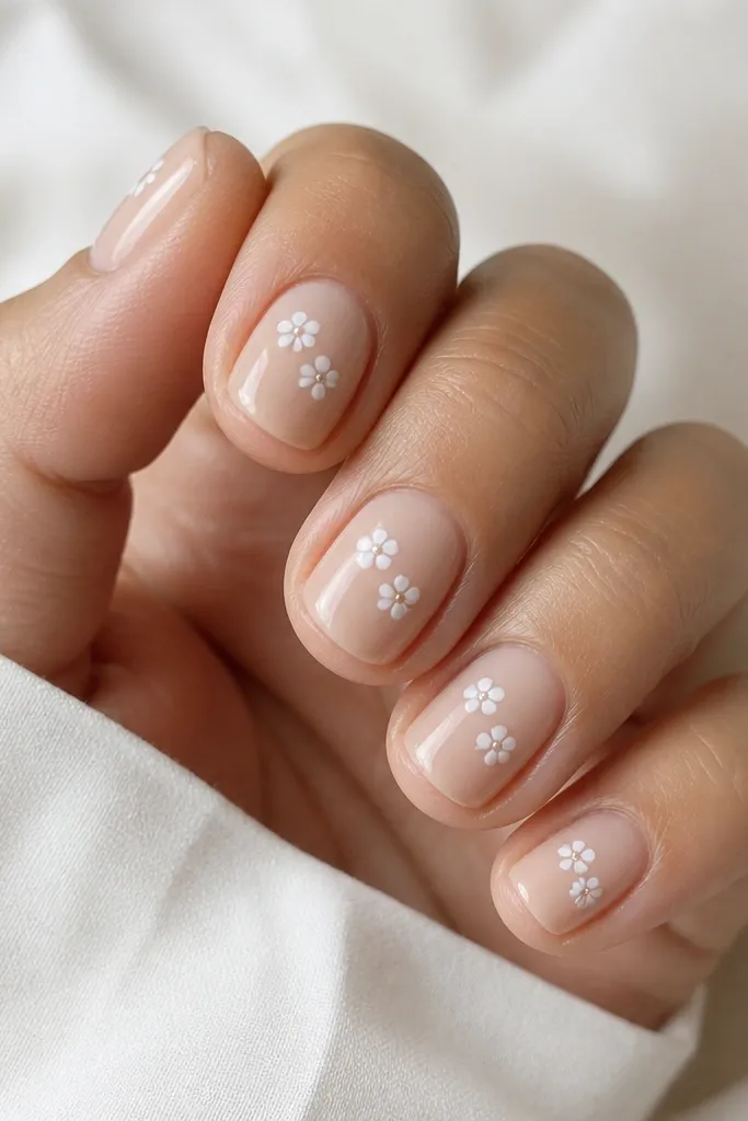 Short nails with a nude base and tiny white flowers grouped near the center. Each flower has two to three small petals and a dot center, glossy finish.