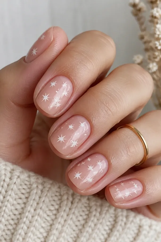 Short nails with a sheer nude base and small white star shapes scattered across the nails. Some stars are tiny, others slightly larger, all glossy.