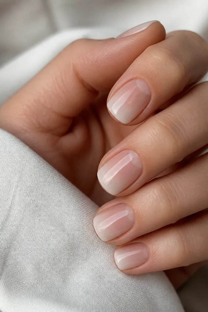 Short nails with a nude base and a soft white gradient at the tips. The white fades smoothly into nude, with a cloudy, airbrushed look and glossy top coat.