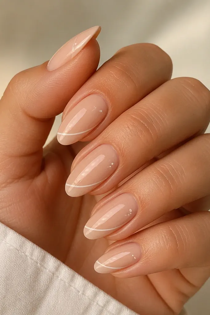 Short nails with nude base. A thin horizontal white stripe sits near the tip, and a single white dot appears above it on the same nail, glossy finish.