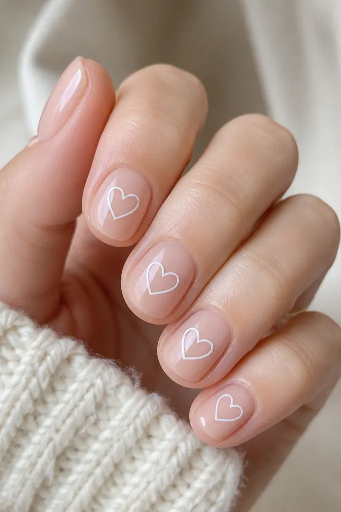 Short nails with a nude base and small white outline hearts near the center. The hearts are hollow with clean lines, glossy finish.