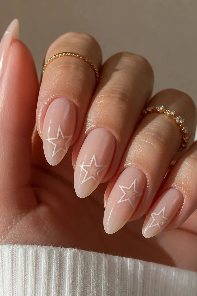 Short nails with sheer nude base and white star outlines. The stars are not filled in, leaving nude showing through inside the shapes, glossy top coat.
