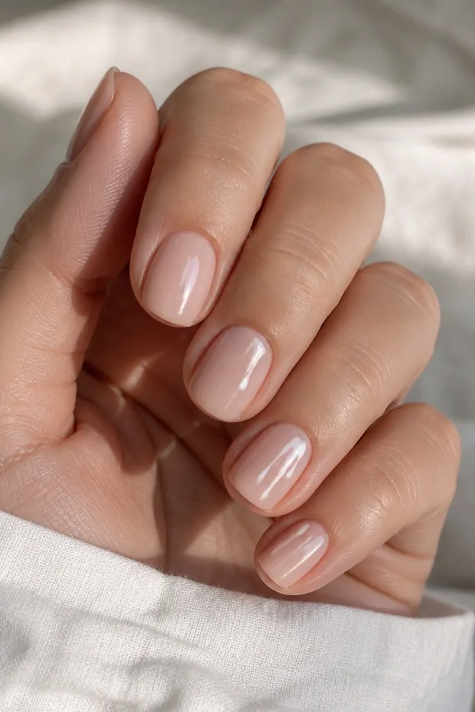 Short nails with nude base. One or two nails have a tiny white drip effect starting near the center and tapering down slightly. Everything is glossy and clean at the edges.