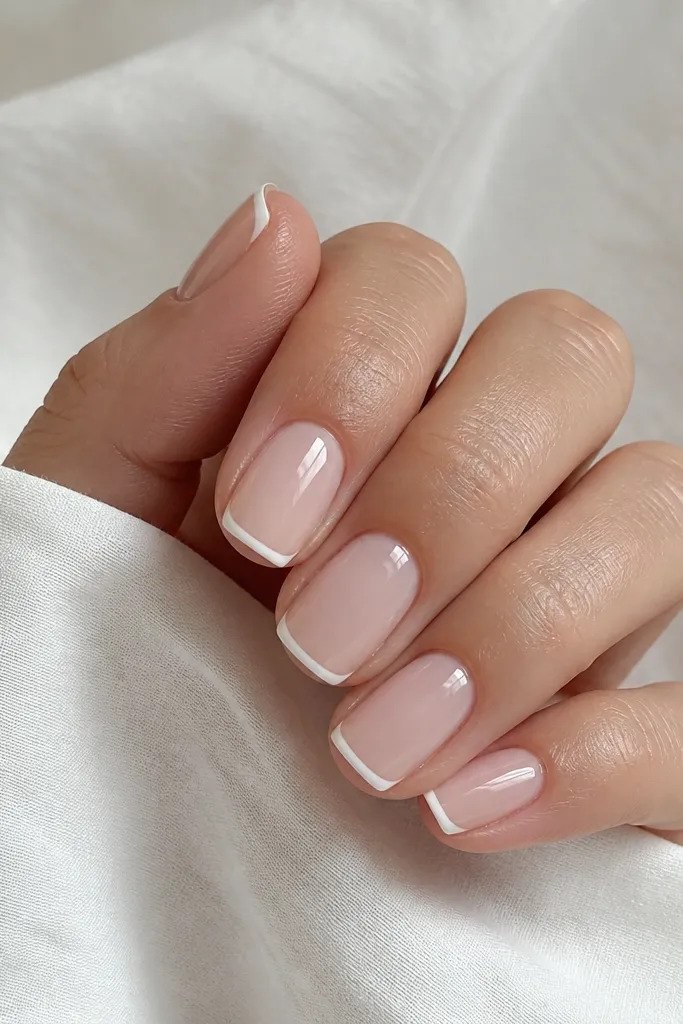 Five short square acrylic nails. Milky nude base with a super thin white French tip that curves evenly; glossy finish.