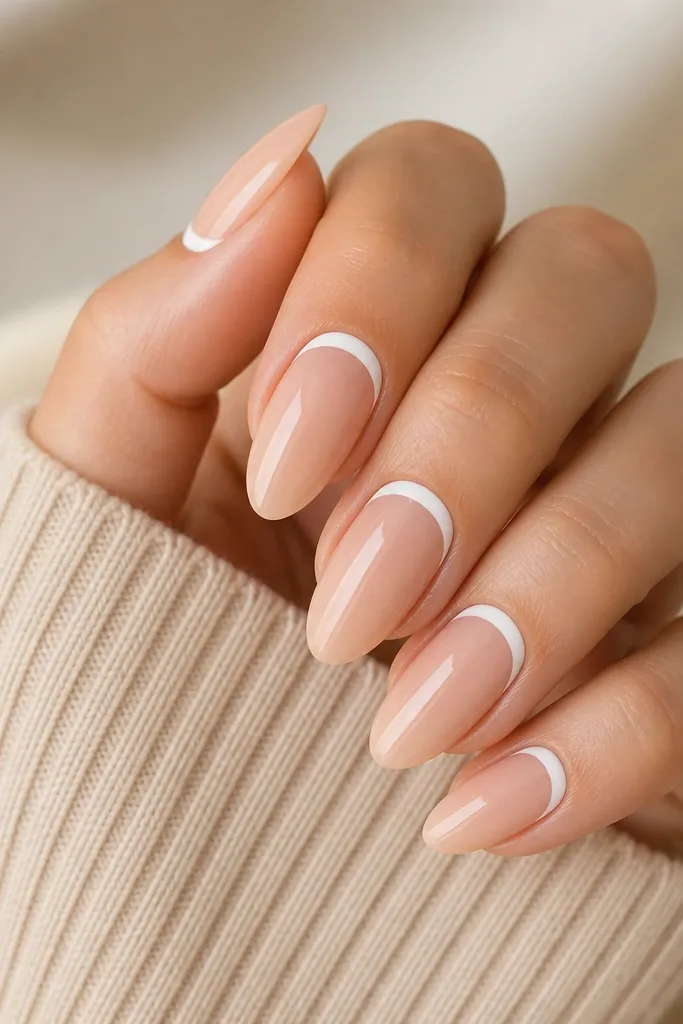Short round acrylic nails with a nude base. A crisp white line sits right at the cuticle, leaving the rest nude; glossy top coat.