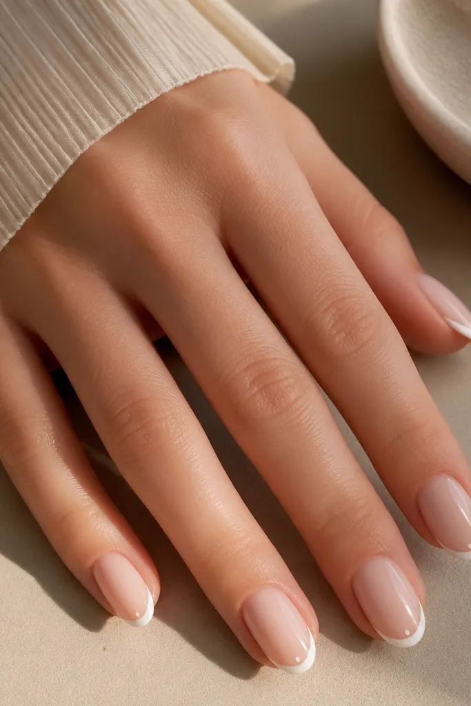 Short almond nails in milky nude. Thin white French tips. Two tiny white dots sit at each side corner of the tip; glossy finish.
