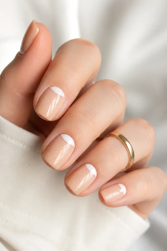 Short square nails. Nude base with fine gold shimmer. White half-moon at the cuticle; glossy finish.