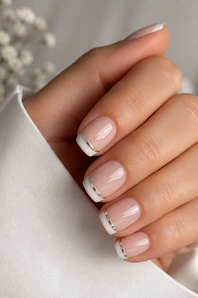 Short squoval nails with nude base. White French tip and one thin silver stripe running horizontally across the center of the tip; glossy.