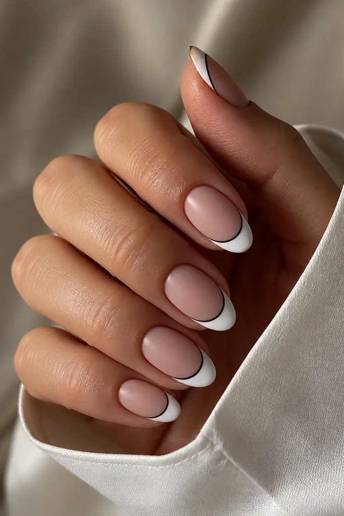 Short almond nails. Nude base. White French tip with a hairline black outline around the smile curve; matte top coat.