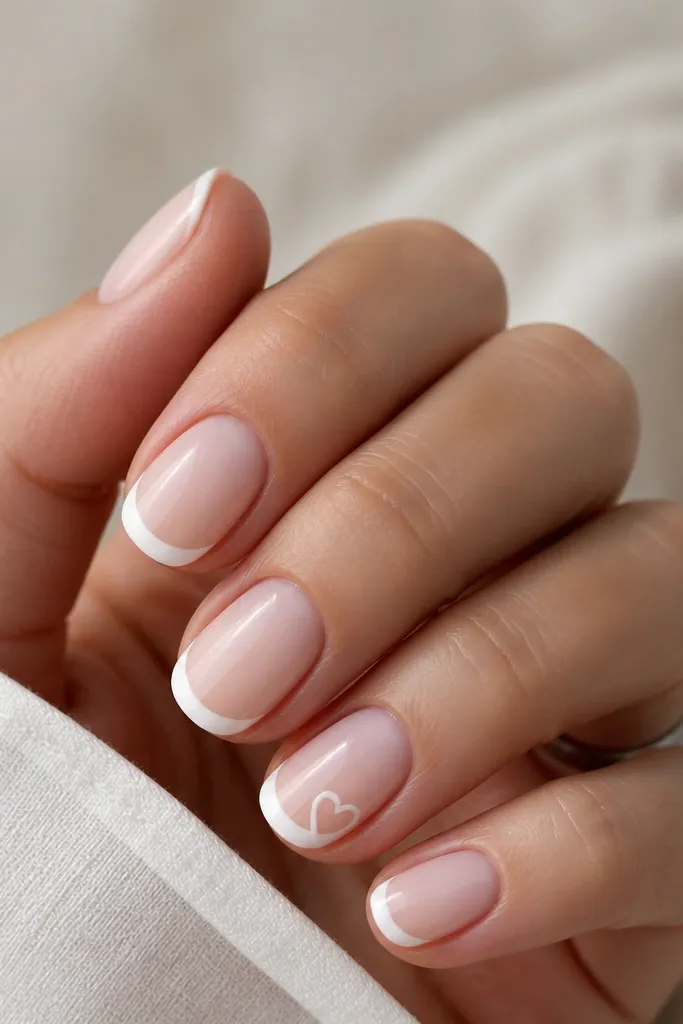 Short oval nails. Milky nude base with thin white French tips. One nail has a tiny white heart outline near the side of the tip; glossy.