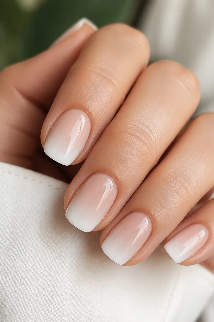 Short squoval nails. Nude base fades into a white tip that gets brighter toward the edge; glossy.