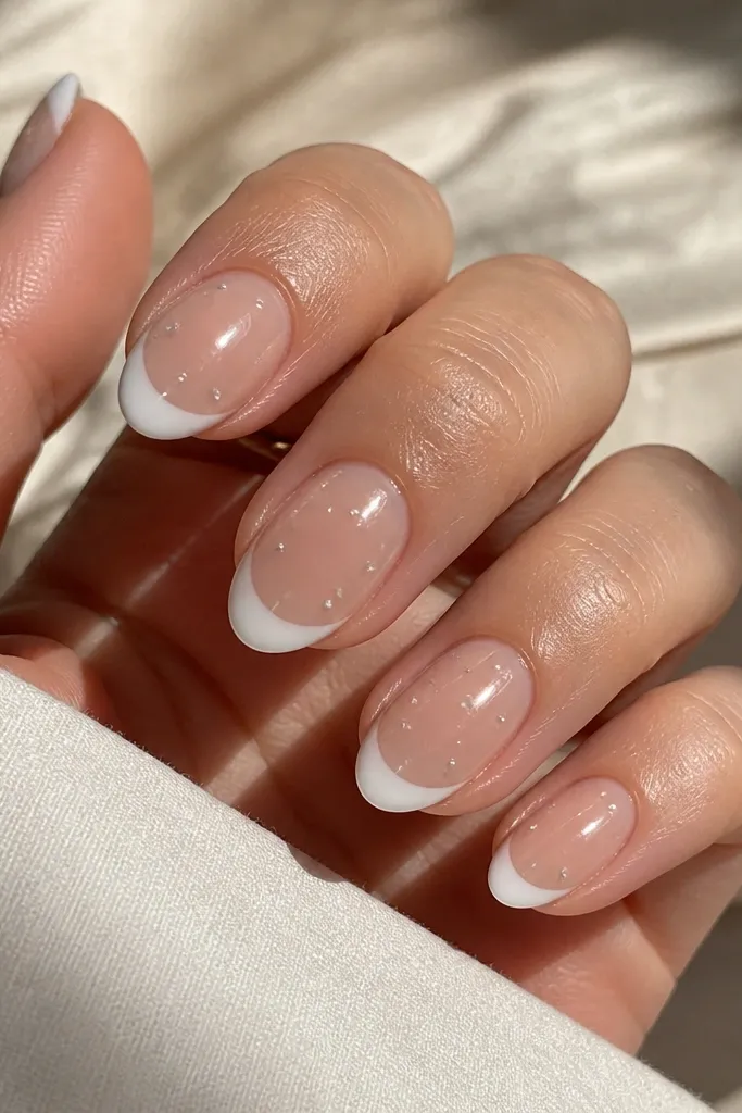 Short square nails. Milky nude base with white tips. On the tip, a line of tiny nude dots sits under the white edge; glossy.