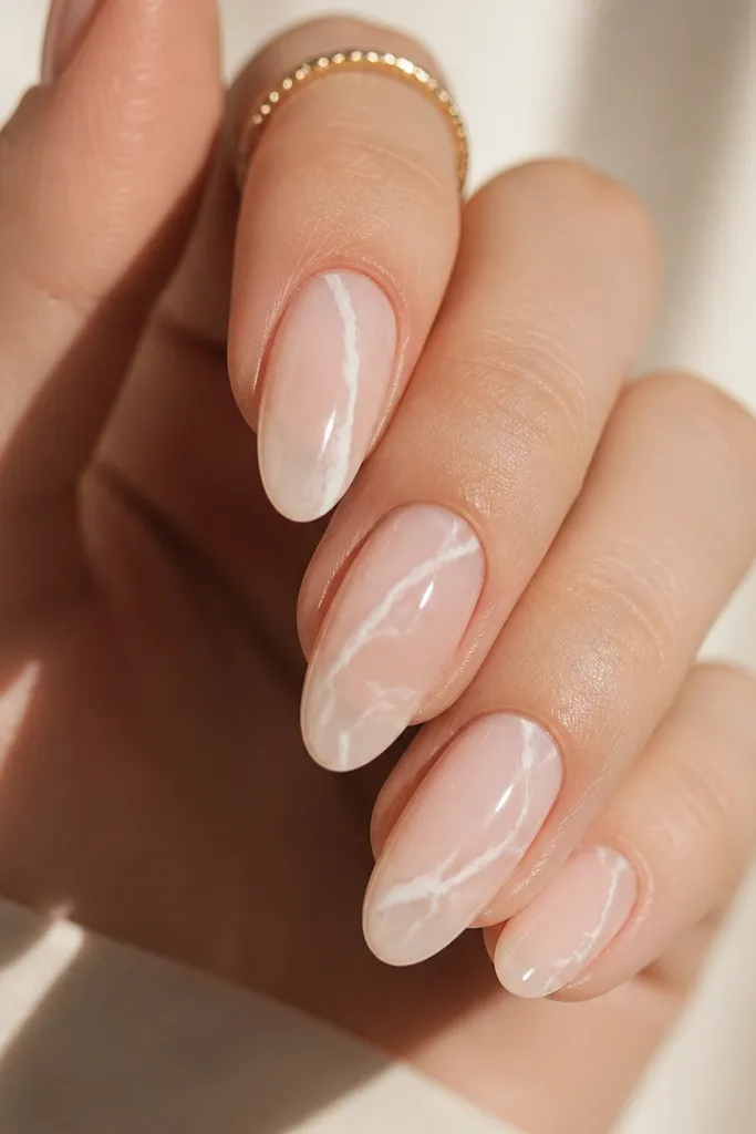 Short almond nails with a sheer nude base. White marble-like veins run from the center toward the tip; glossy.