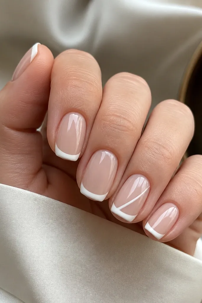 Short squoval nails. Nude base and white French tips. On one nail, a diagonal white slash crosses the corner toward the center; glossy.