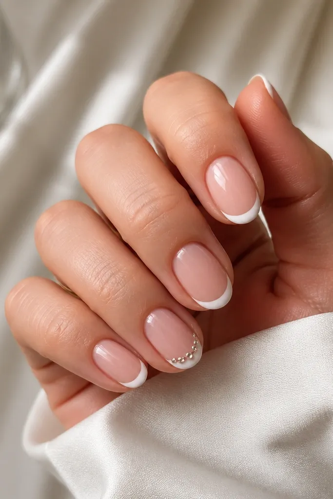 Short oval nails with nude base. Thin white French tips. A single row of 3 tiny clear rhinestones sits along the smile line on one accent nail; glossy.