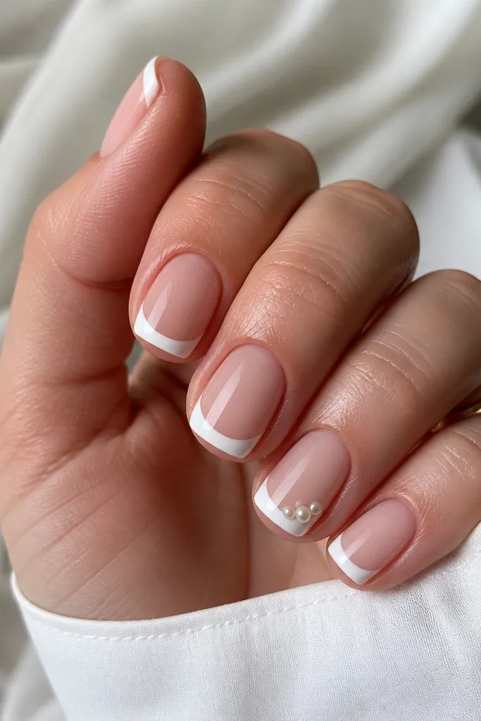 Short square nails. Nude base. White French tips. One accent nail has two tiny flat-back pearls near the inner corner of the tip; glossy.