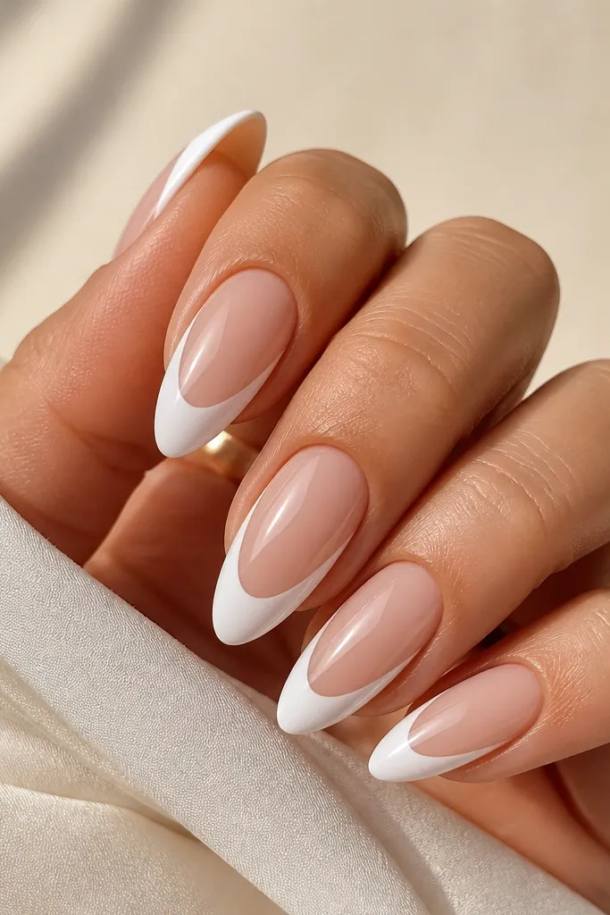 Short almond nails. Nude base. White French tip with a small nude U-shape cut-out in the center of the tip; glossy.