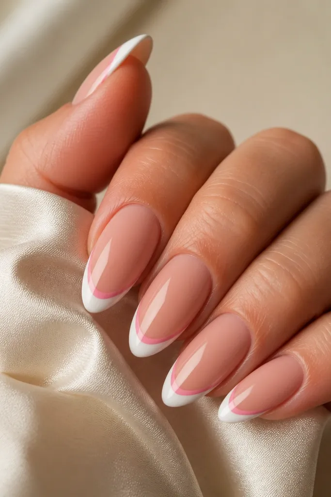Short squoval nails. Milky nude base. White French tip. A thin blush-pink line sits between base and white; glossy.