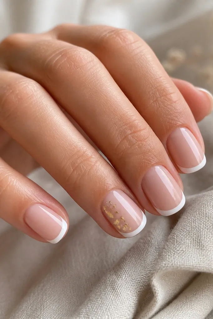 Short oval nails. Nude base. White French tips with a few tiny gold leaf flecks on one or two nails; glossy.