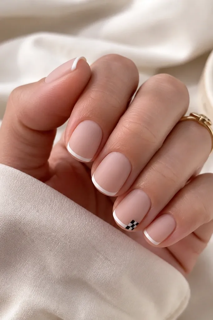 Short square nails. Nude base with thin white French tips. On one nail, a tiny black-and-white checker pattern sits at the outer corner of the tip; matte.