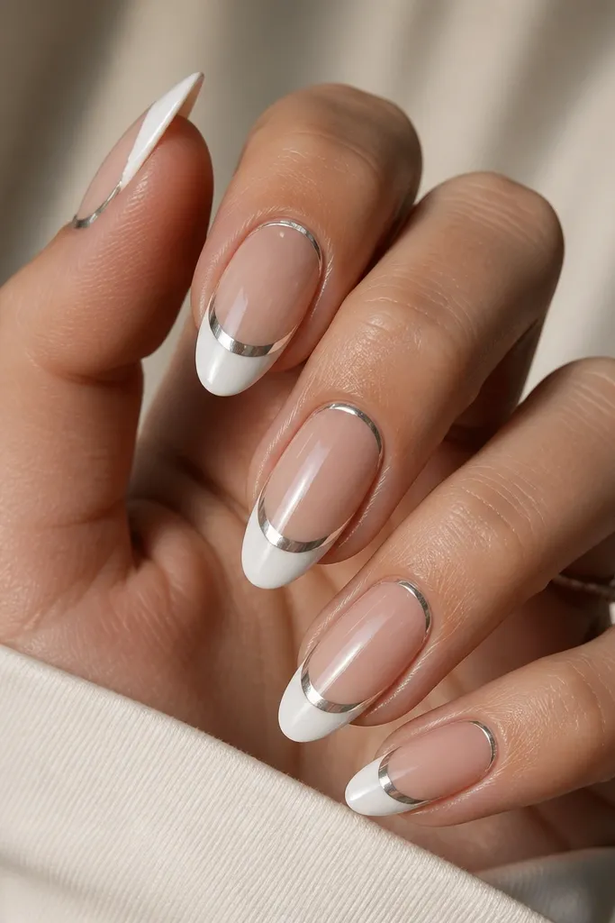 Short almond nails. Nude base. White French tips. On one nail, a silver chrome half-arc curves just above the smile line; glossy.