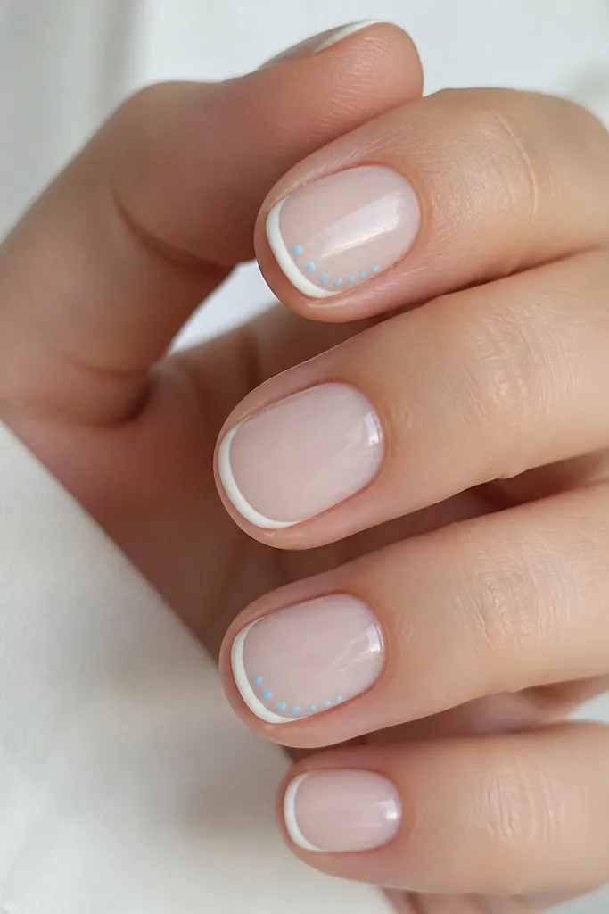 Short round nails with milky nude base and thin white tips. Tiny sky-blue dots line the inside edge of the tip on two nails; glossy.