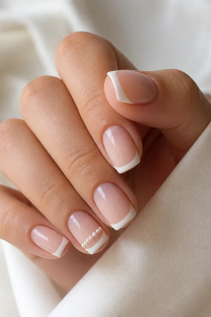 Short squoval nails. Nude base. White tips. One nail has a straight line of tiny pearl-like dots running across the tip near the center; glossy.