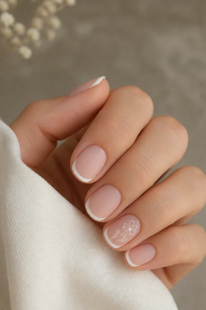 Short oval nails. Nude base and thin white tips. One nail has a small white floral outline with two petals and a tiny bud near the outer corner; matte.