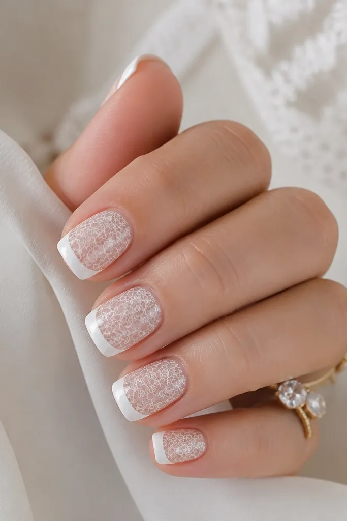 Short squoval nails with a sheer nude base. Over the base, a lace-like white line pattern. The tips are solid white; glossy.