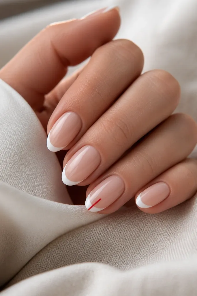 Short almond nails. Nude base with white French tips. On one nail, a tiny red vertical stripe sits near the center of the tip; glossy.