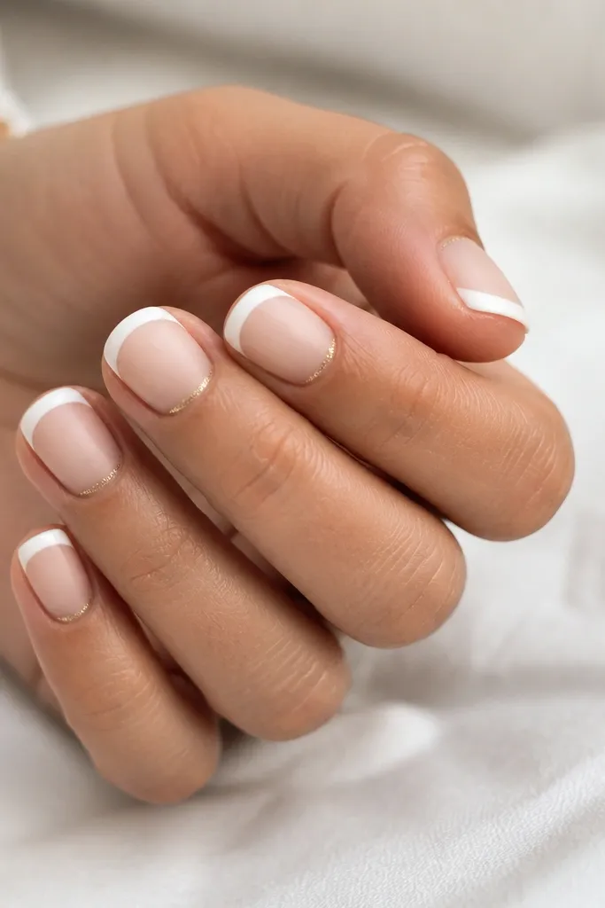 Short square nails. Nude base with a thin shimmer line at the cuticle in champagne. White French tips; matte top coat.