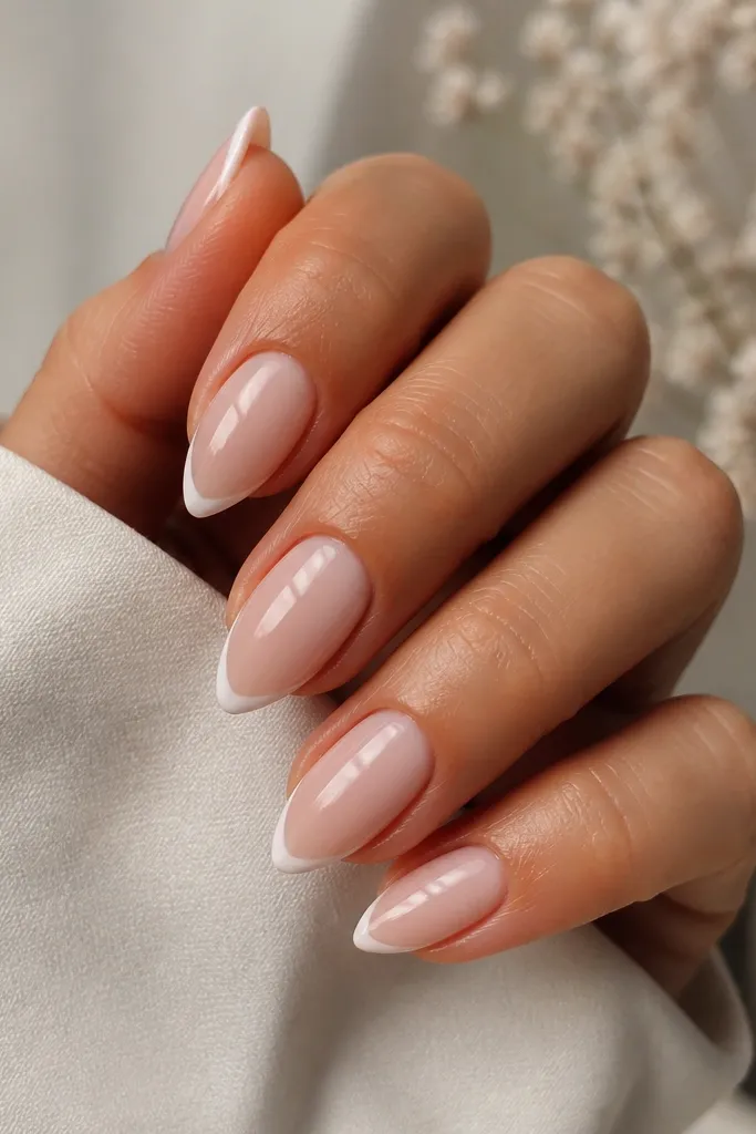 Short stiletto nails with a semi-sheer milky nude base and a super thin white French line at the tips; all nails have a glossy shine and clean tapered sides.