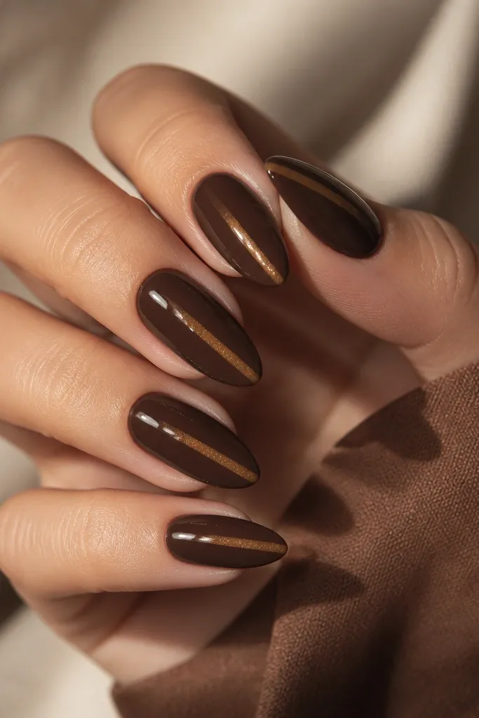 Short stiletto nails painted chocolate brown; each nail has one narrow caramel shimmer stripe running vertically from mid-nail to near the tip; glossy finish.