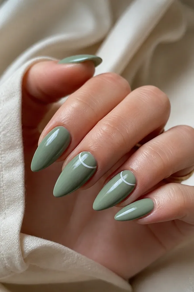Short stiletto nails in a soft sage green glossy finish; two nails have a curved white line like a tiny smile near the cuticle, centered and thin.