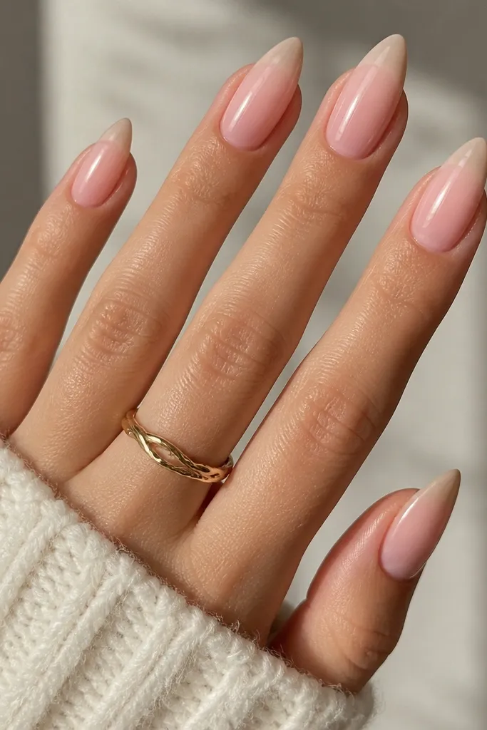 Short stiletto nails in baby pink; the very tips fade into a nude-beige ombre that starts around the top third; glossy finish.
