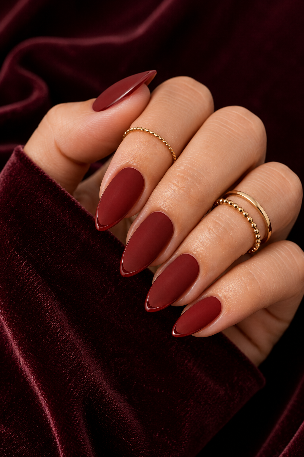Short stiletto nails painted a deep red matte; along the very tip edge there is a thin glossy line border; matte everywhere else.