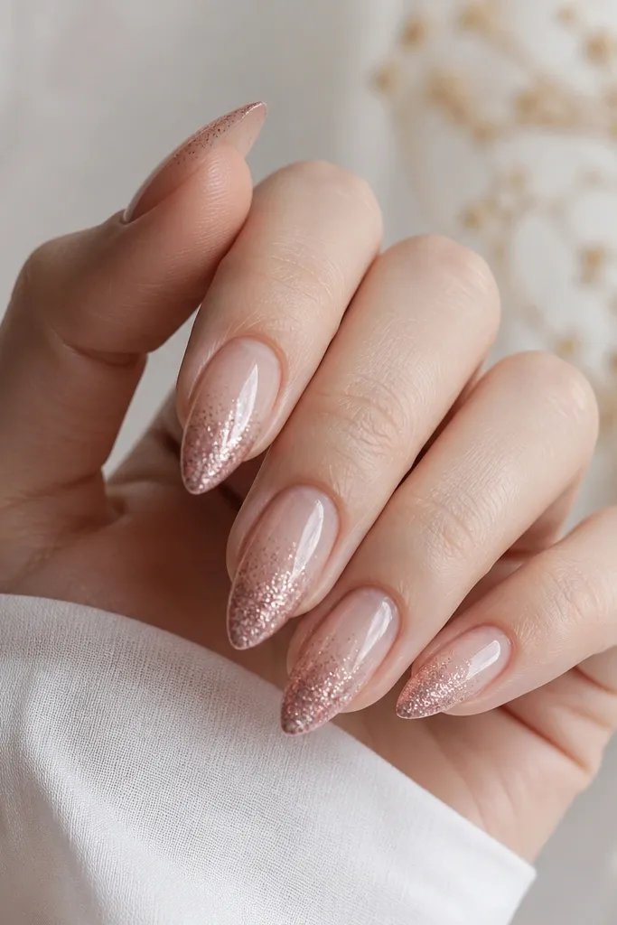 Short stiletto nails with a clear base; rose gold glitter fades in only at the tips, forming a gradient glitter tip; glossy finish.
