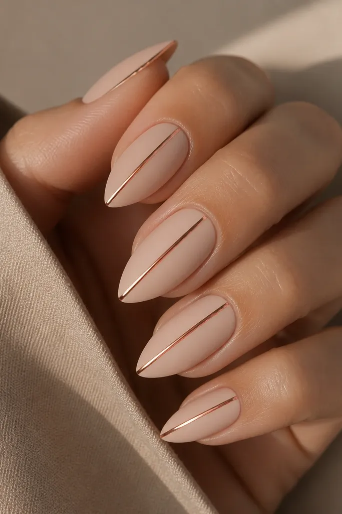 Short stiletto nails in matte nude; a thin copper metallic stripe runs straight down the center of each nail; matte background with a glossy stripe.