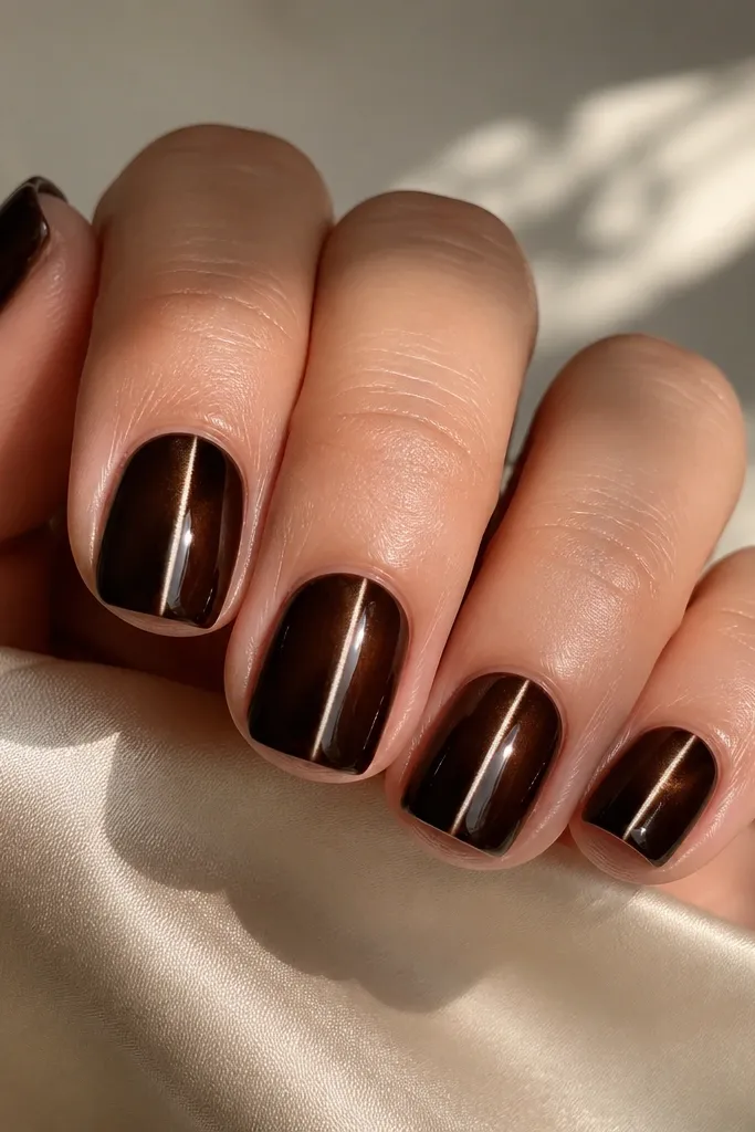 Five short squoval nails in espresso brown cat eye polish. Each nail has a single crisp vertical stripe centered from near the cuticle to the tip, with a glossy black-brown shine.