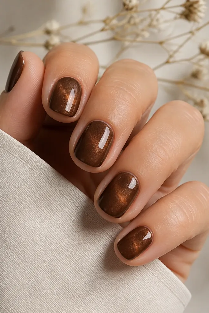 Five short round nails painted milk chocolate brown cat eye. The magnetic effect forms a soft curved arc that looks like a small eye socket, centered on each nail.