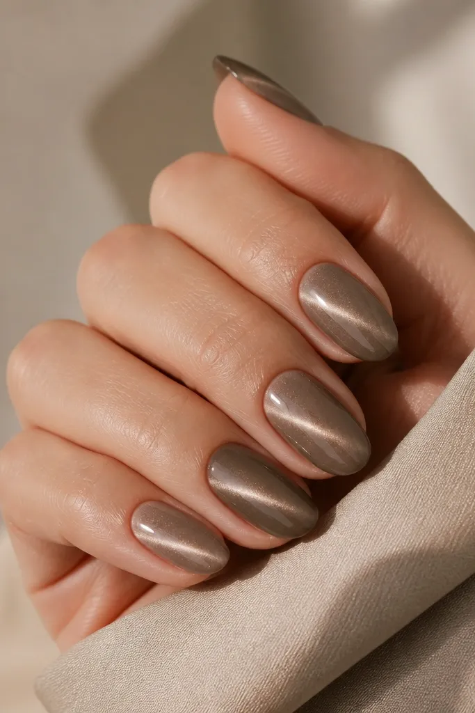 Five short almond nails in taupe-brown cat eye polish. The magnetic line runs diagonally from lower left near the cuticle to upper right near the tip.