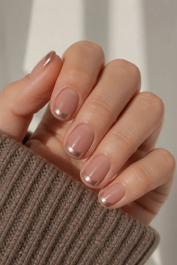 Short squoval nails with a sheer nude-brown base. The cat eye effect appears only on the French tip area, forming a centered stripe across the tip.