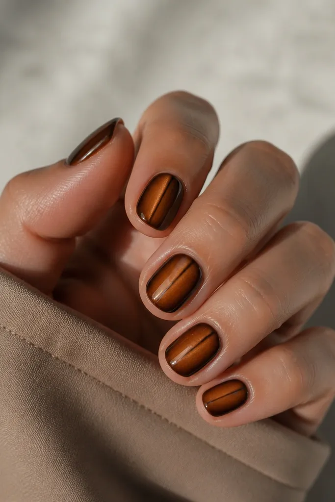 Short rounded nails in caramel-brown cat eye. There's a thin black outline along the stripe's edges, like a narrow frame that follows the center line.