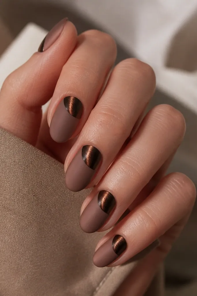 Short almond nails. The cat eye stripe runs through a dark chocolate half-moon area near the cuticle, while the rest is a matte nude-brown.