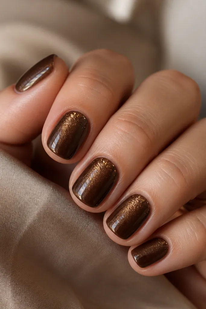 Short square nails in warm brown cat eye polish. Tiny gold micro flecks sit around the stripe, mostly near the cuticle and sidewalls.