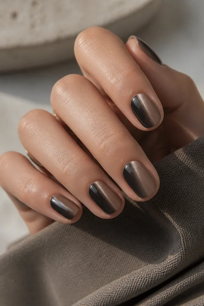 Short squoval nails in smoky taupe cat eye. A charcoal stripe runs along the left side of each nail from mid-nail upward.
