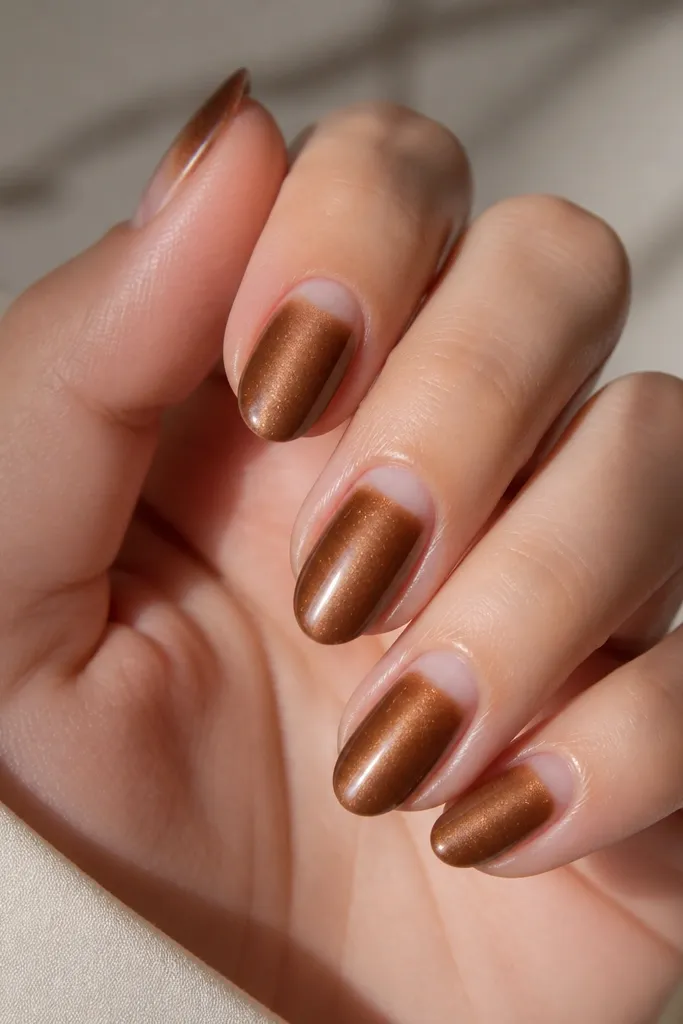 Short almond nails. A cinnamon brown cat eye stripe runs down the center, but the cuticle area stays nude and clean, creating a negative crescent.