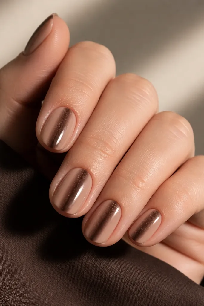 Short round nails with a sheer nude base. The espresso cat eye stripe starts slightly below the cuticle and runs straight to the tip.